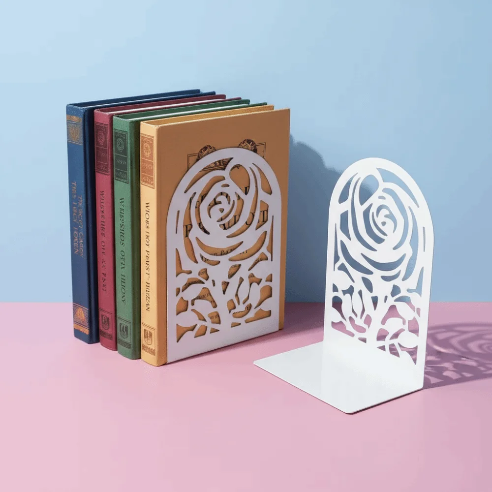 2Pcs Durable Metal Rose Bookends Non-slip L Shaped Book Stoppers Decorative Hollow Design Book Ends Study Room