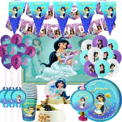 Vajilla desechable de princesa Jasmine, decoración mágica para fiesta de cumpleaños, telón de fondo, plato para Baby Shower, taza, Pancarta, bandera, globo de aluminio