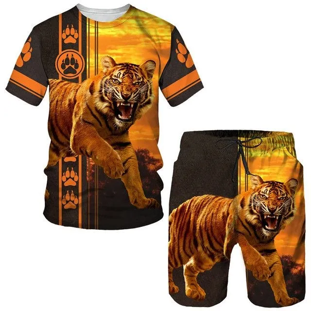 2024 Summer New Men\'s Animal Tiger Sports Set 3D Printed Animal Tiger Pattern Men\'s Short Sleeved T-shirt Set Men Two-Piece Set