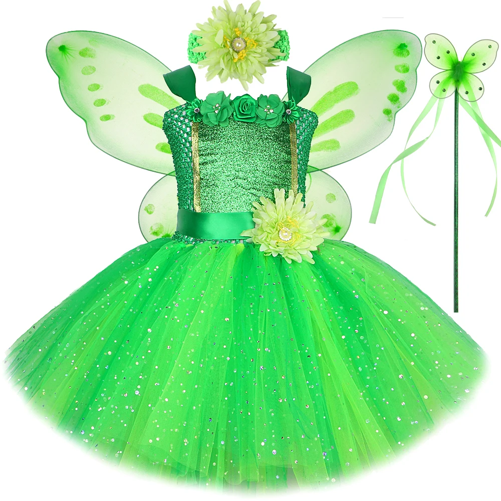 Sparkly Green Fairy Princess Dresses for Girls Kids Christmas Halloween Costume Flower Girl Butterfly Tutu Outfit with Wings Set