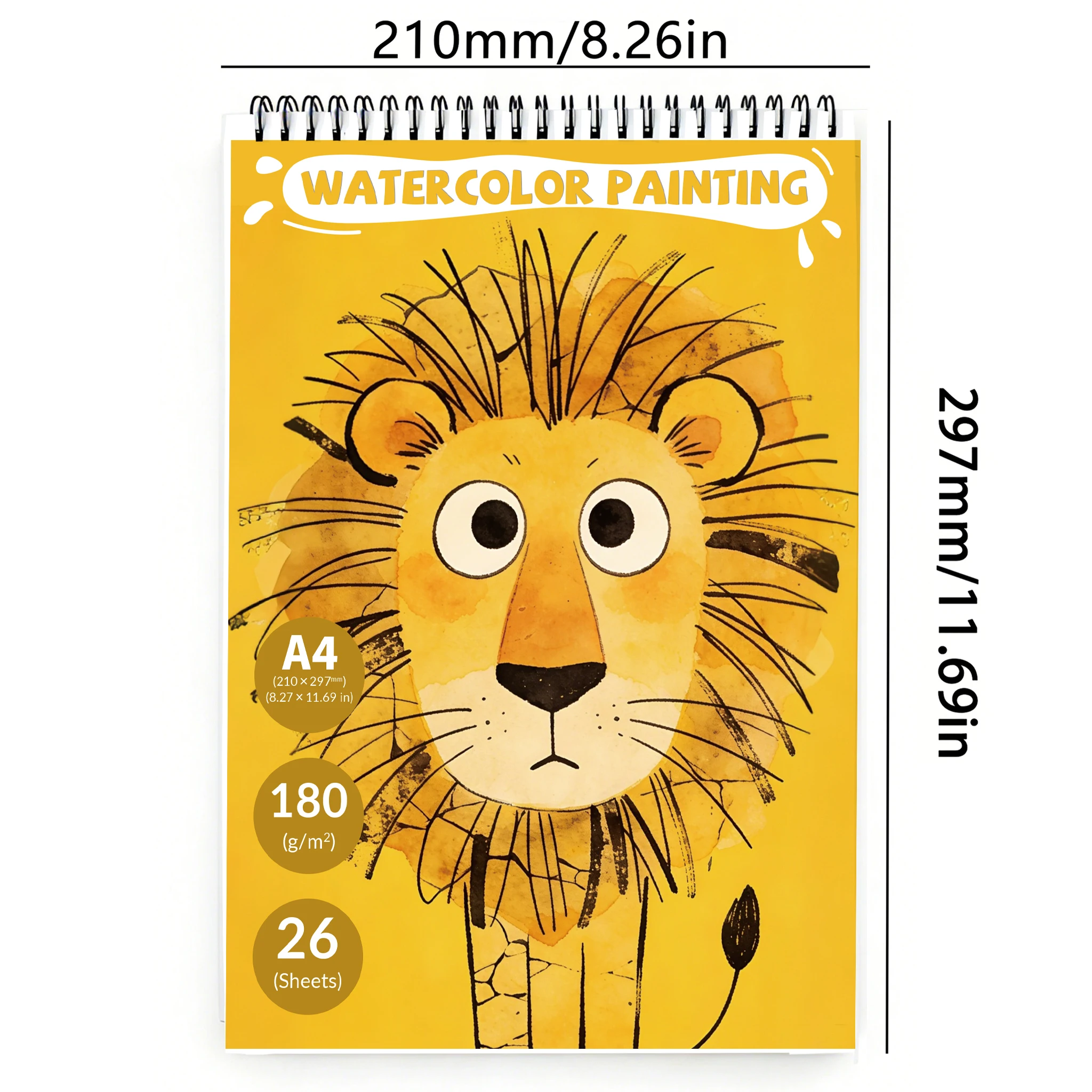 A4 Spiral Watercolor Pad 180gsm, Cartoon Lion Big Eyes Cover, 26 Sheets Acid-Free Art Sketchbook for Back to School & Gifti