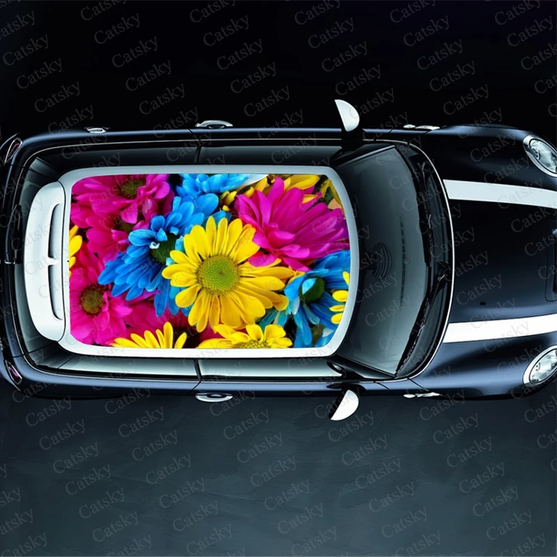 Colorful Daisies Print Car Roof Sticker Wrap Racing SUV Auto Accessories Packaging Painted PVC Car Hood Graphic Decal Decoration