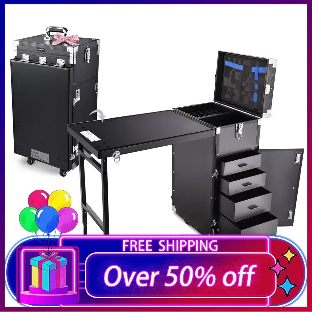 Rolling Manicure Table Foldable Nail Table Makeup Train Case with Desk Cosmetic Trolley Travel Storage Organizer with 4 Drawers