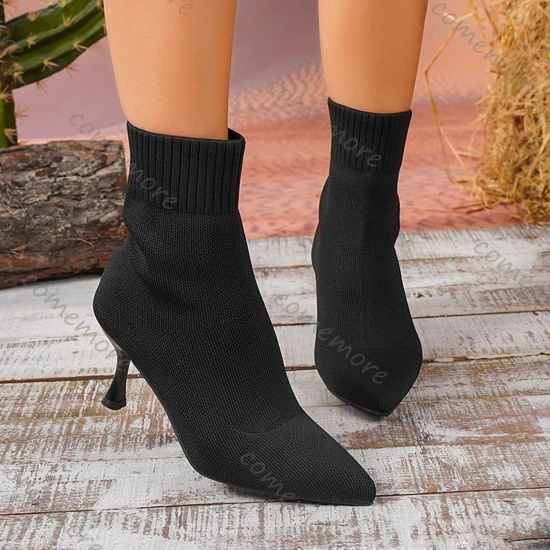 Comemore Women Elastic Sock Boots Autumn Winter Stiletto High Heels Knitted Ankle Boots Woman Slip-On Pointed Toe Heeled Botines