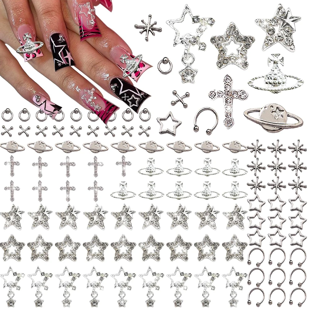 Breloques à ongles en alliage pour Nail Art, étoile argentée, planète, croix, décoration, charbon, b