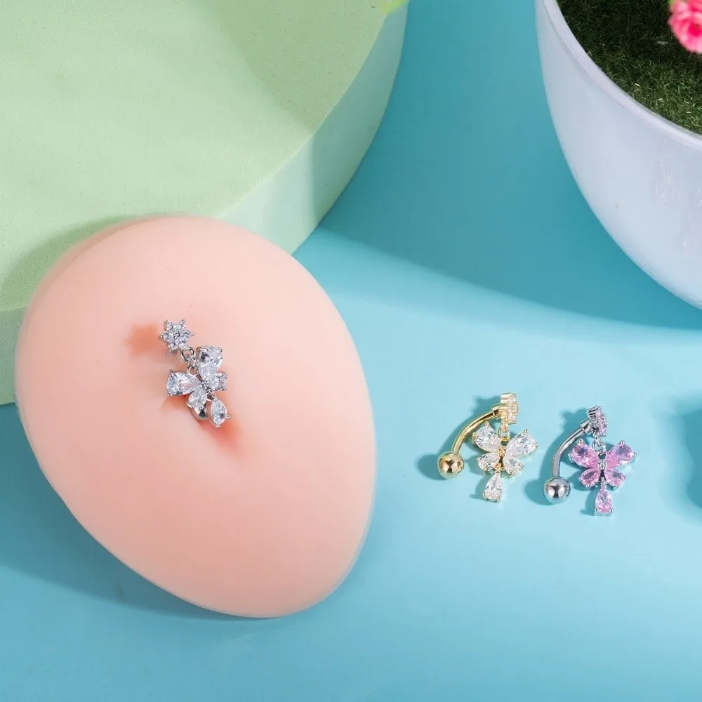 Zircon Bow Belly Button Rings Butterfly Design 316 Stainless Steel Dangle Belly Rings Cute Flower Head Reversed Navel Rings