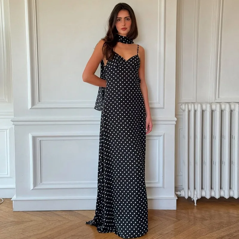 

2025 Summer New French Temperament Polka Dot Sexy V-neck Suspender Backless Dress European and American Style Women's Clothing