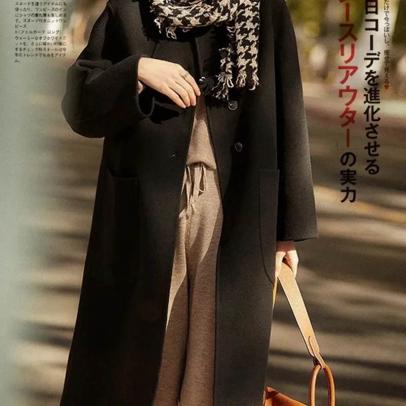 Autumn and Winter 2025 New Style Medium-length Coat Tops for Women Loose Western Style Versatile Woolen Long-sleeved Coats