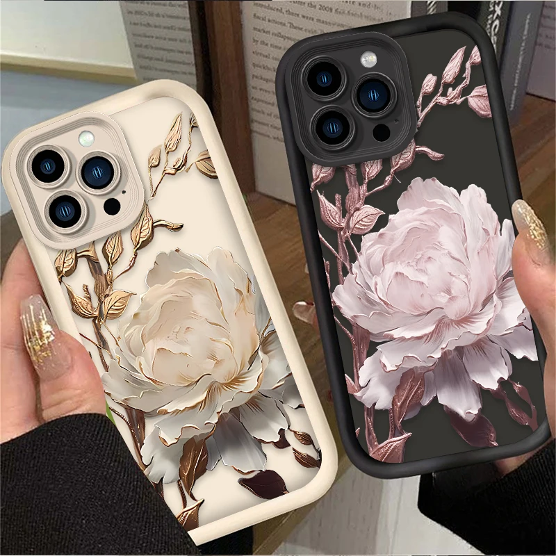 Metal Lotus Flower Phone Case For iPhone 16 16E 15 14 13 12 11 Pro Max X XS X S Max XR SE 2020 SE4 7 8 Shockproof Back Cover