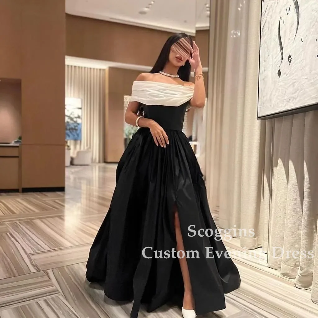 A Line Black Satin Evening Gowns One Shoulder Beads Sweep Train Occasion Saudi Arabia Long Prom Dress Dubai Prom Dress