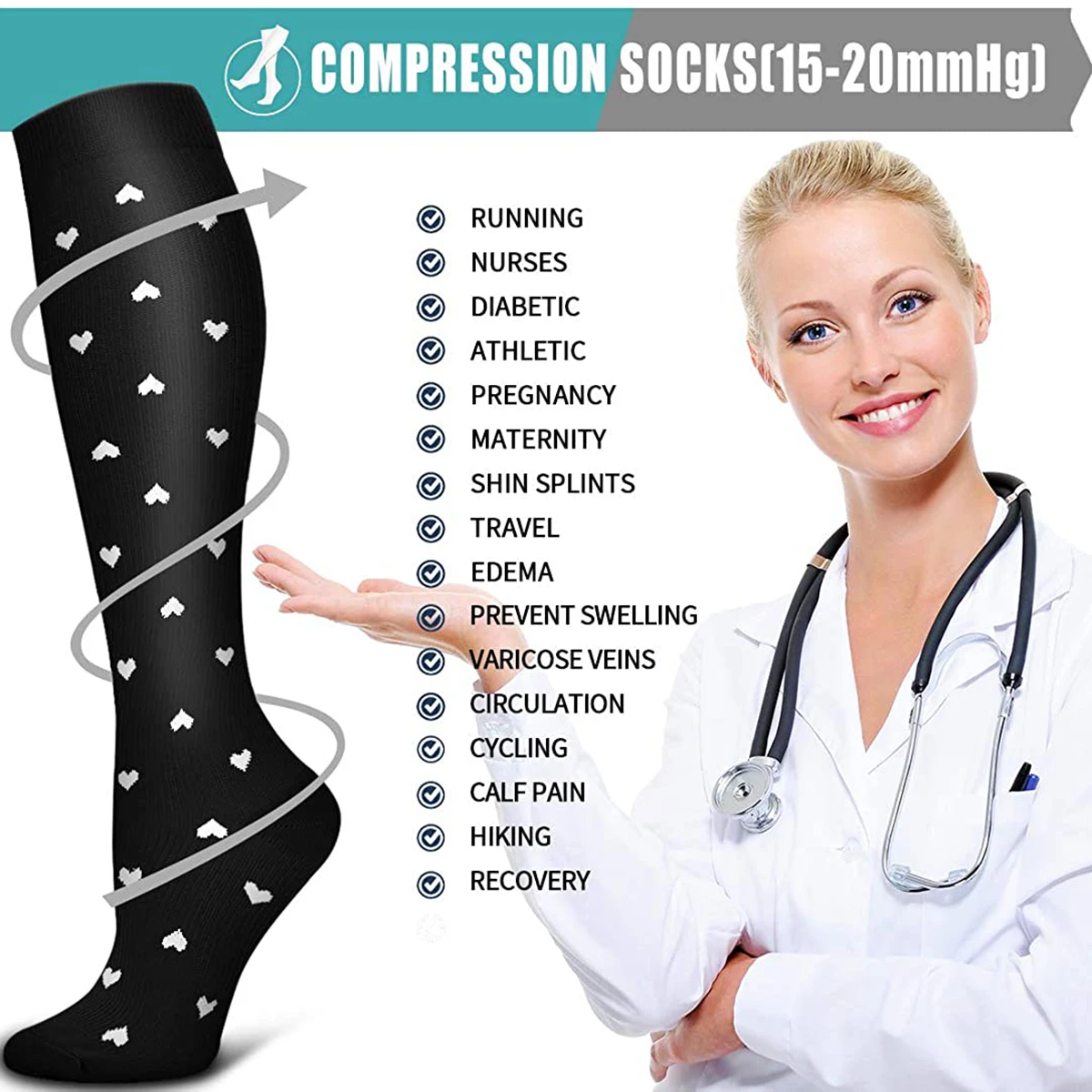 5-7 pairs Compression Socks Circulation Cycling Running Nursing Hiking Travel Recovery Varicose Veins Sports Socks