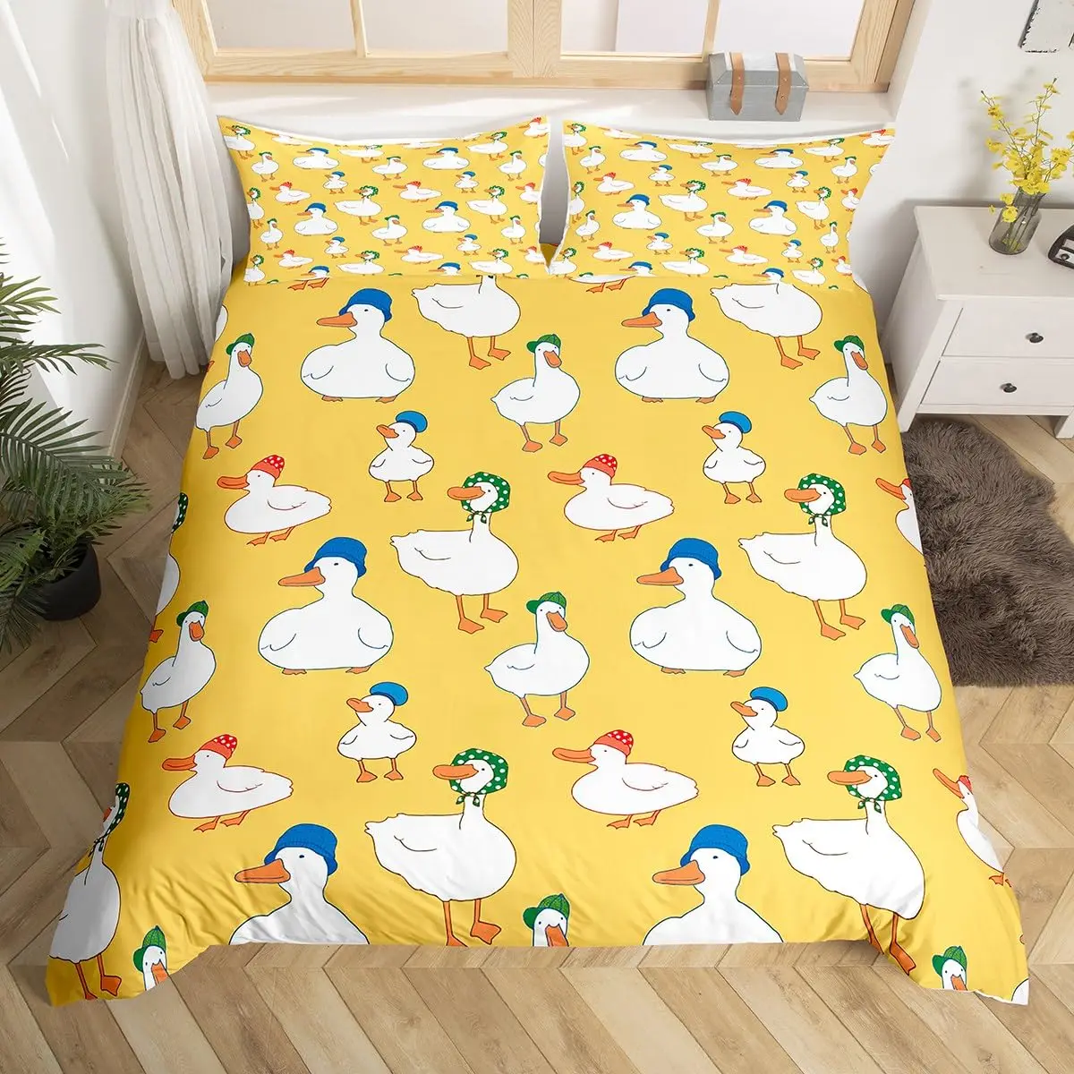 

Cartoon Goose Bedding Set Lovely Ducks Duvet Cover Rustic Farmhouse Animal Comforter Cover Hand Painted White Duck Quilt Cover