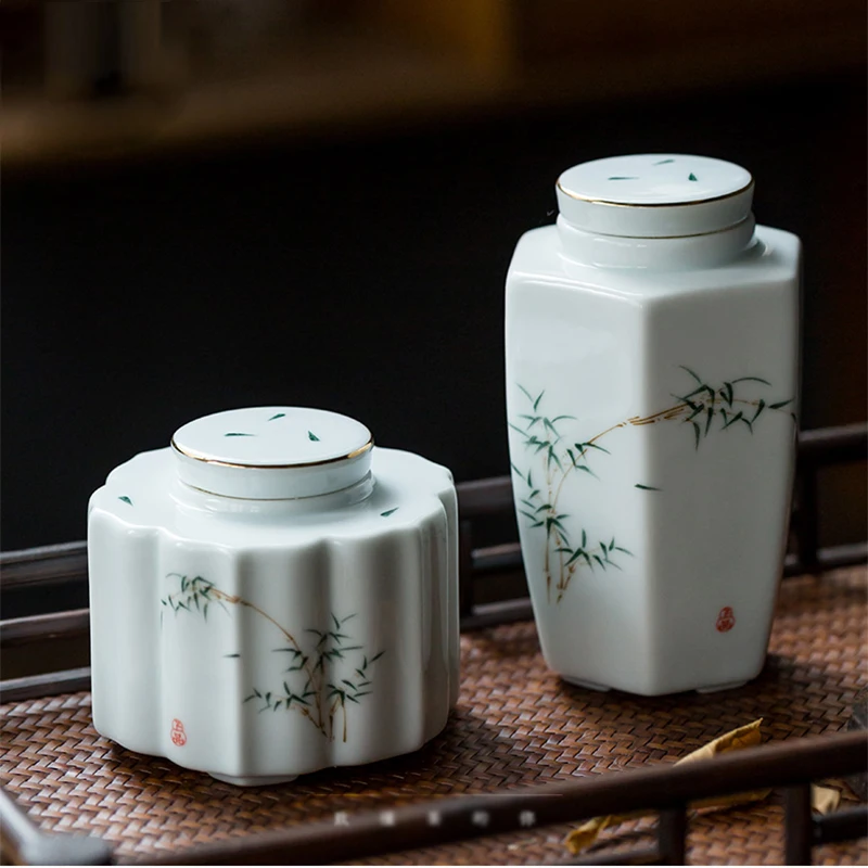 Classical Ceramic Storage Cans Sealed Tea Cyan Bamboo Leaf Decoration Candy Nuts Coffee Beans Portable Box Accessories