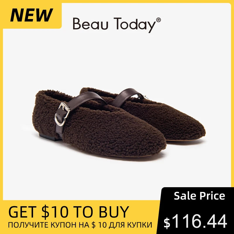 BEAUTODAY Mary Janes Women Wool Round Toe Solid Color Buckle Strap Winter Flats Warm Ladies Shoes Handmade MD-2003FUR