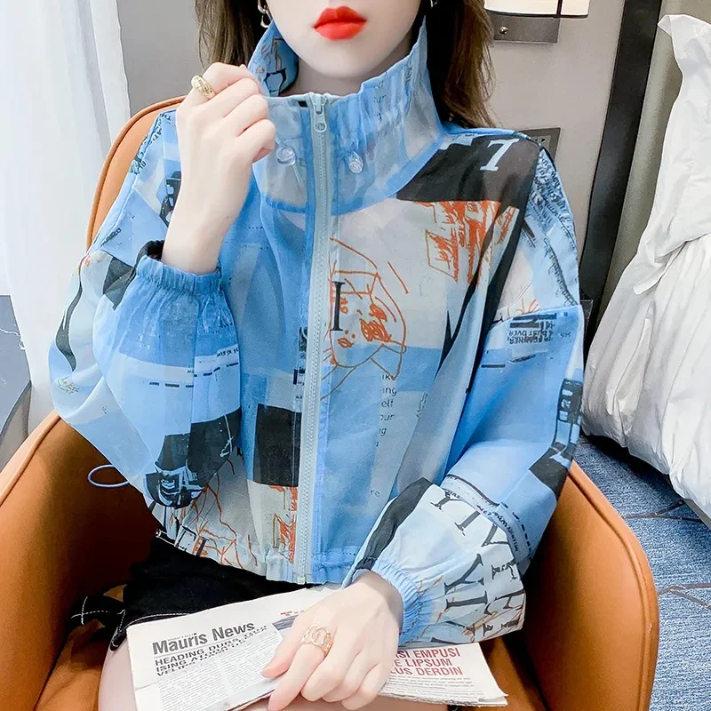 Women Short  Jacket 2025 New Summer Printing Sun Protection Clothes Women's Thin Coat Long Sleeve Breathable Sunscreen Jacket
