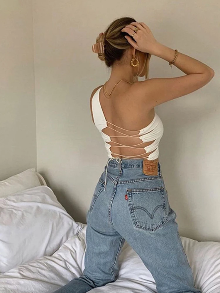 Sexy Holle Rugloze Witte Zwarte Tanktop Vrouwen Zomer Koreaanse Clubfeestkleding Hemd Femme Crop Tops Slank Zacht Vest T-Shirt