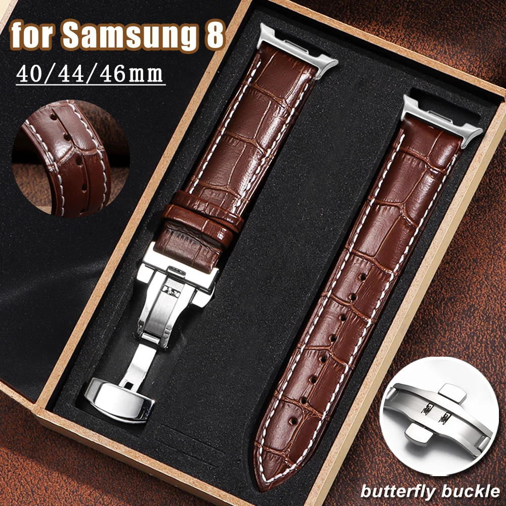 Cowhide Leather Watch Strap for Samsung Galaxy Watch 8 Classic 46mm Butterfly Buckle Bracelet for Galaxy Watch 8 44mm 40mm Band