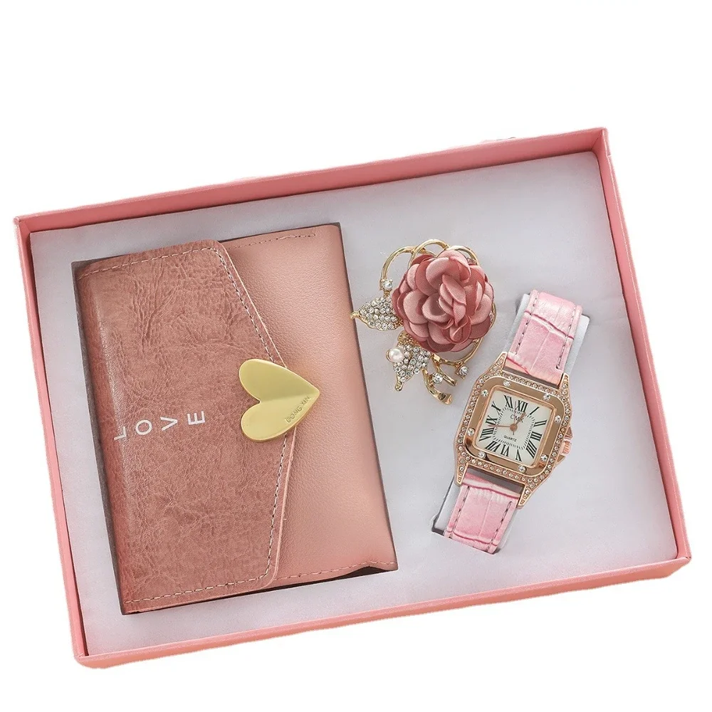 3Pcs Luxury Womens Watches Gift Set with Box Pink Brooch Wallet Watch for Women Girl Wife Daughter Mothers Day Christmas Gift