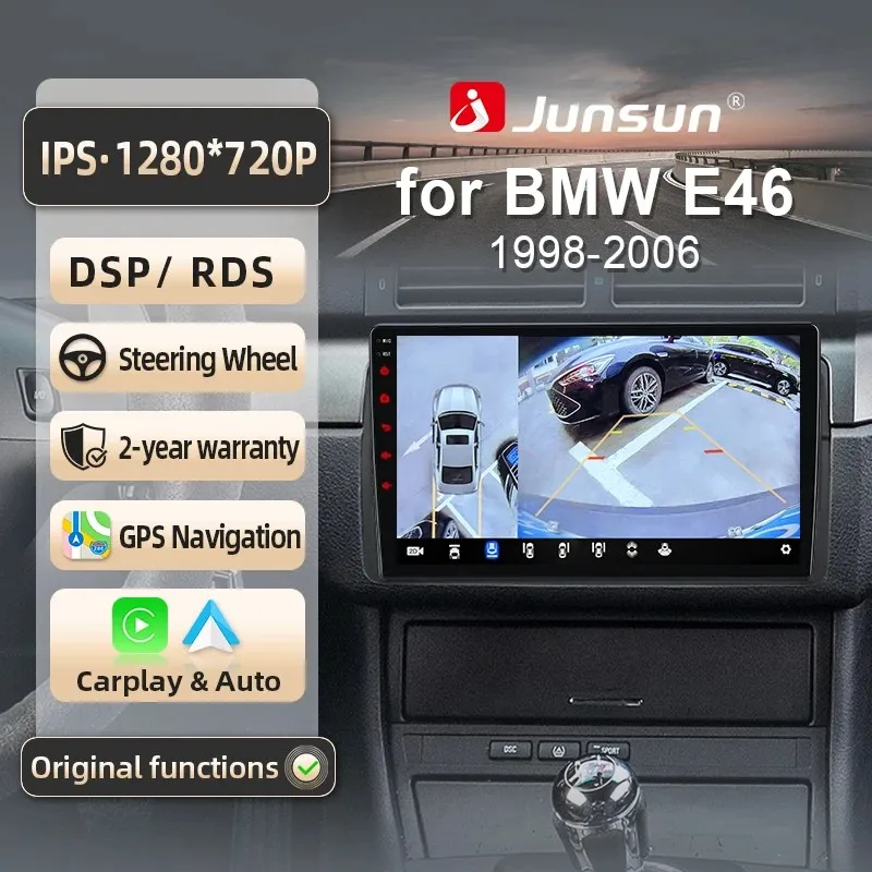 Junsun para BMW E46 1998-2006 9 Polegadas 4GB 64GB Android 13 Car Stereo GPS Navegação Carplay Rádio Auto DSP Bluetooth FM Suporte Controle Volante USB AUX Entrada Câmera de Ré Pronto Tela Dividida Reprodução Vídeo 1080P Plug and Play