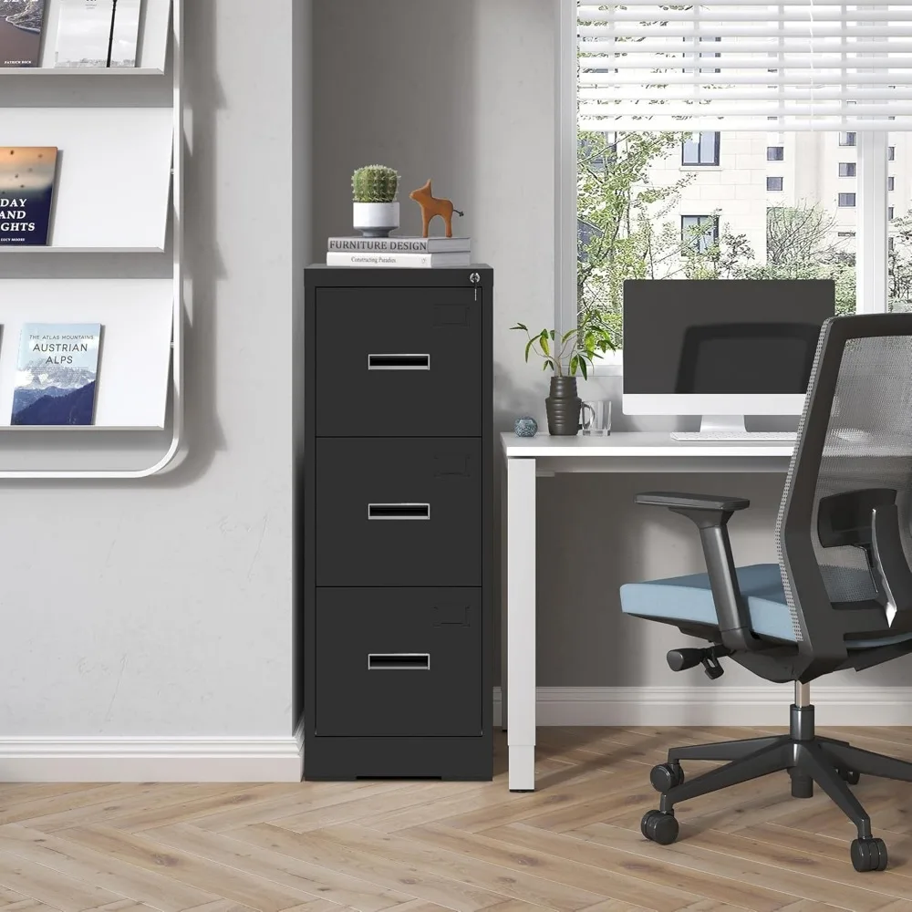 Metal Vertical File Cabinet with Lock, 3-Drawer Steel Storage Cabinet for Home Office, Hanging File Organizer