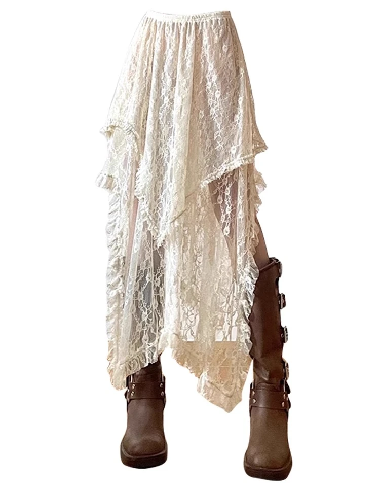 L-4XL تصميم كبير الحجم غير النظامية الدانتيل جوفاء مثير الكورية تنورة فتاة المشمش الربيع الصيف الشاش ألف خط عالية الخصر التنانير الطويلة