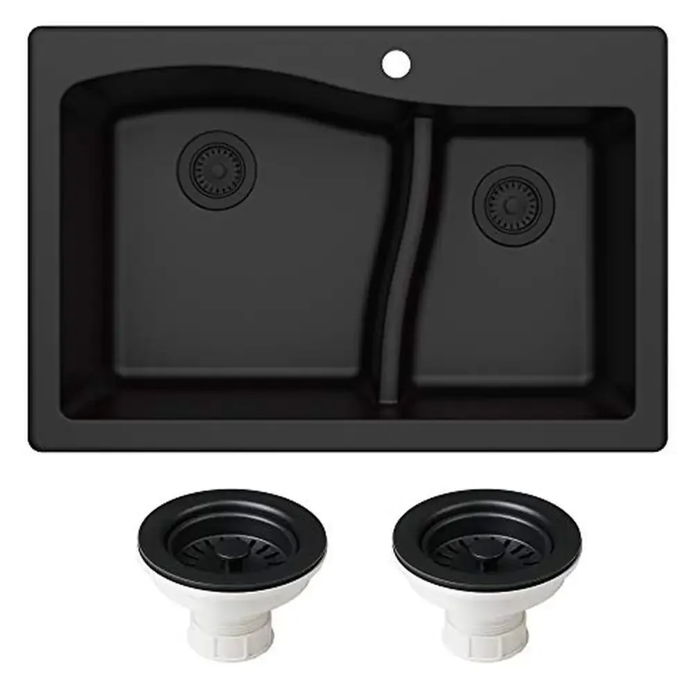 Quarza 33-inch Dual Mount Granite Double Bowl Kitchen Sink Rich Non-Fading Black Easy to Clean Versatile Design 80% Natural