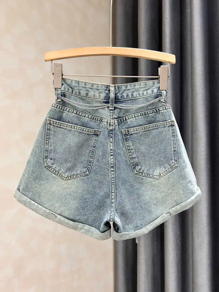 

Korean Style Oversized Rhinestone Denim Shorts Women Summer New High Waist A-line Curled Hot Pants Fashion Niche Design Shorts