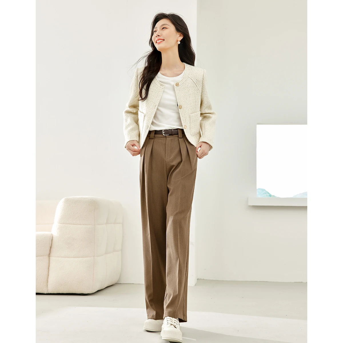 VIMLY Women's Short Coat 2026 Autumn French Elegant Round Neck Loose-fit Straight Wool Jacket Fashion Office Lady Outwears M3892