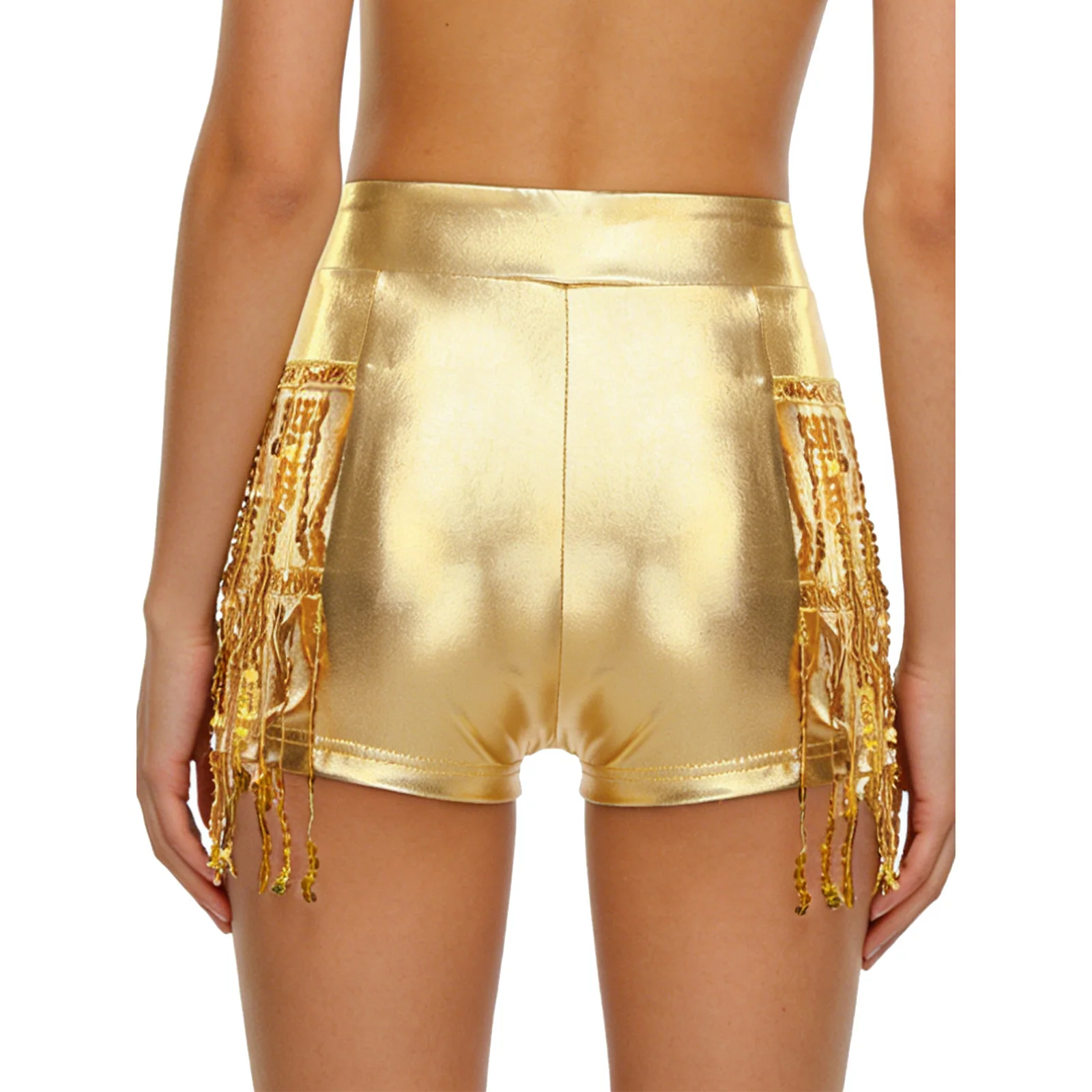 Damskie metaliczne, błyszczące krótkie spodenki do tańca latynoamerykańskiego, disco, jazzu, zdobione frędzlami, mikro szorty do rumby, tanga, tańca na rurze, spodnie sceniczne.