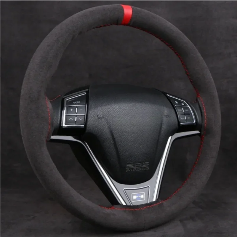 Universal Hand Sewing Black Suede Leather Braiding Car Steering Wheel Cover Soft Wear-Resistant Comfortable Wear Resistant