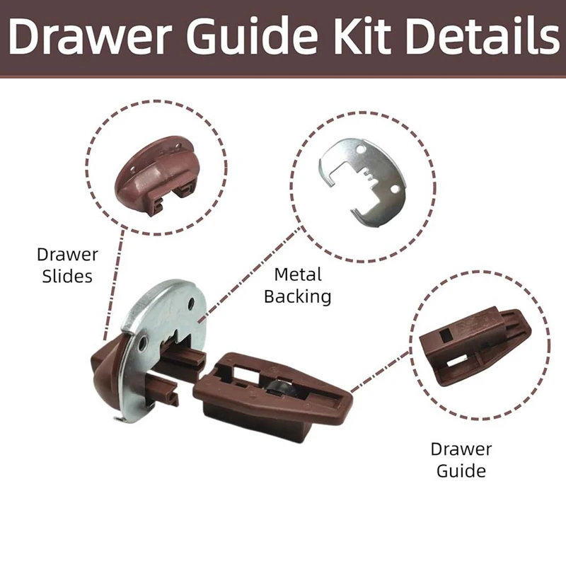 Parts Accessories Drawer Guide Model 168, 7 Sets Of Metal Backing And Drawer Stops With Rollers, Fits Slide Drawers