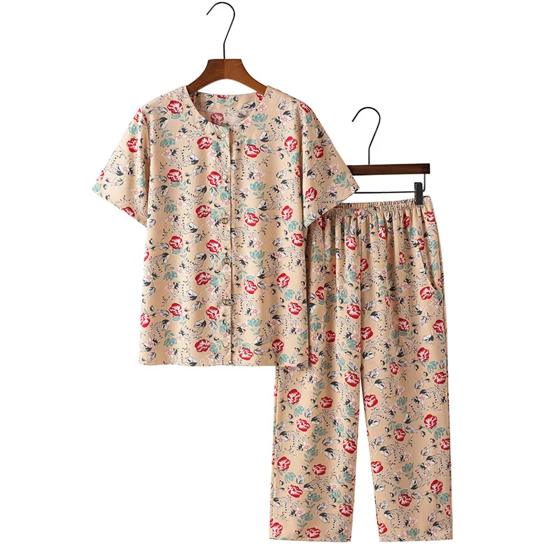 

Middle Aged Mother Summer Short Sleeve Suit Floral Two-piece Cardigan Pajama Sets Plus size Homewear Outside Wear Pyjama Femme