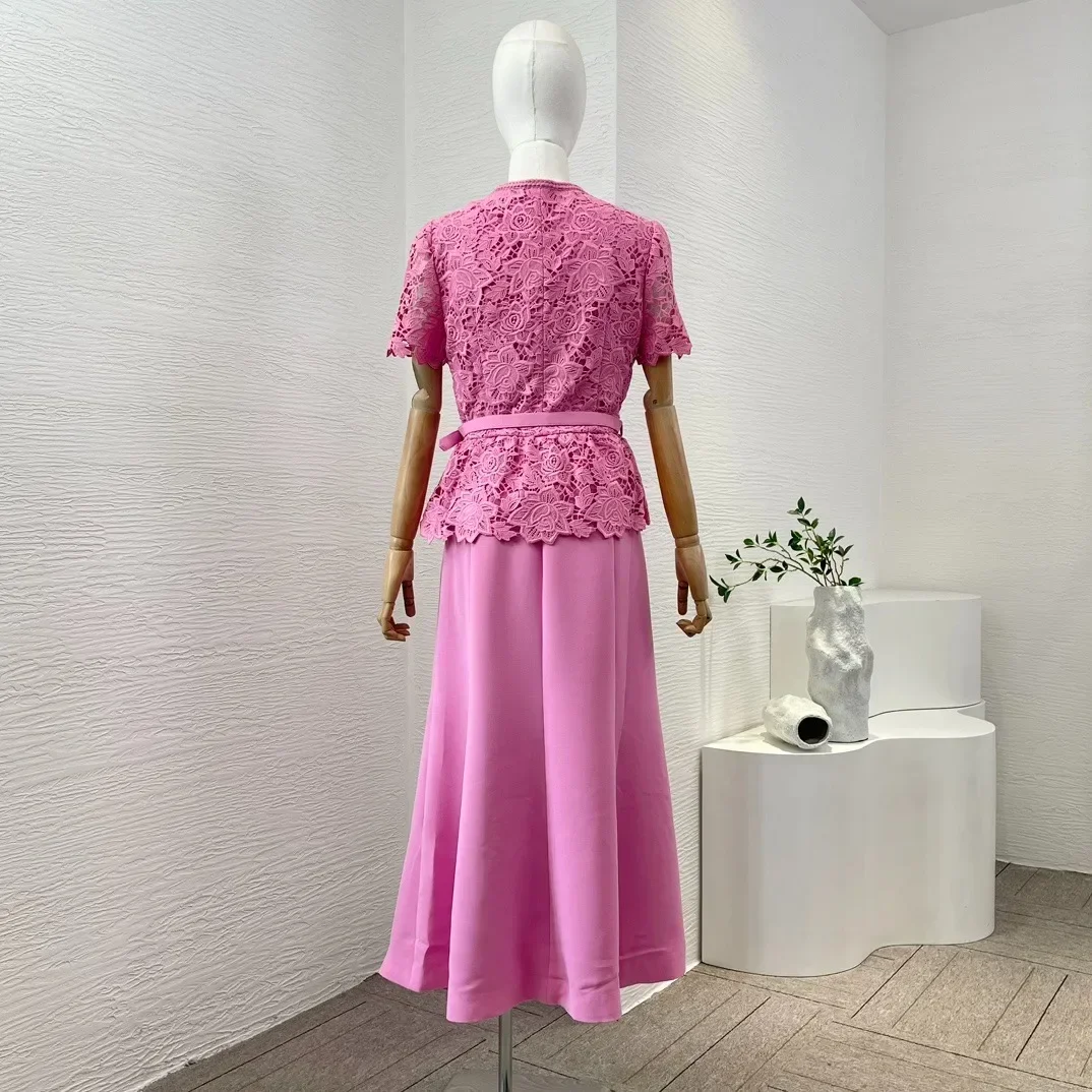 Women Pink Lace Patchwork Square Collar 2024 Top Quality Spring Summer Short Petal Sleeve Front Buttons Closure Midi Dress