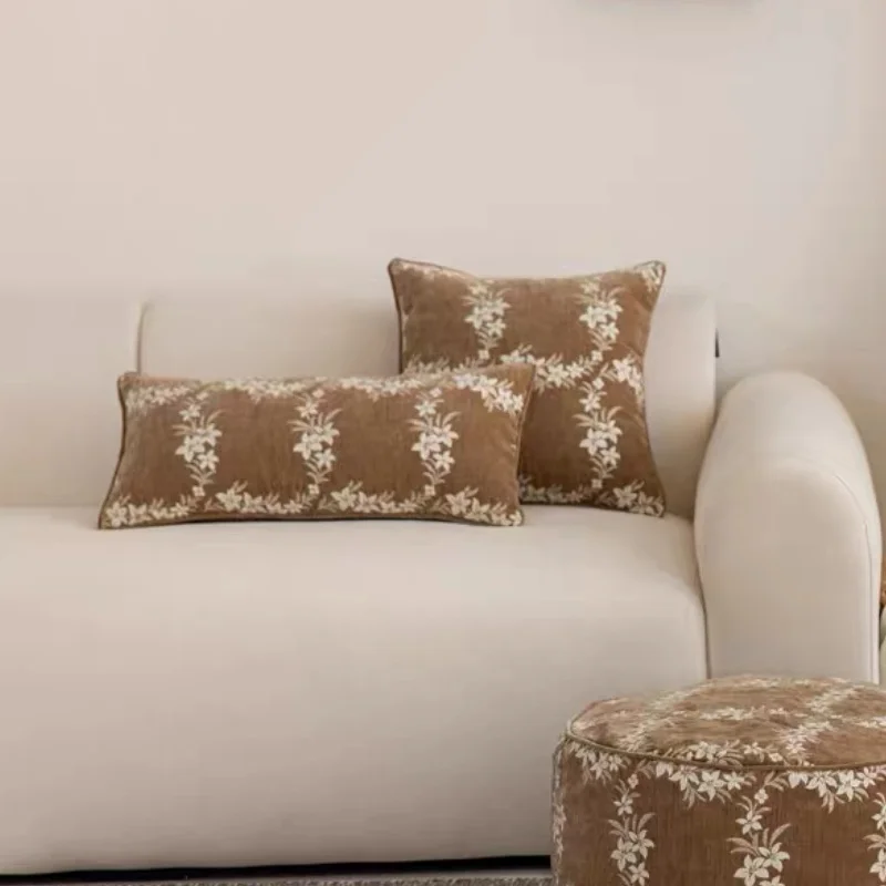 Brown Green Chenille Pillows Classical Flora Embroidery Cushion Case Luxury Decorative Pillow Cover For Sofa Chair Home Decorate