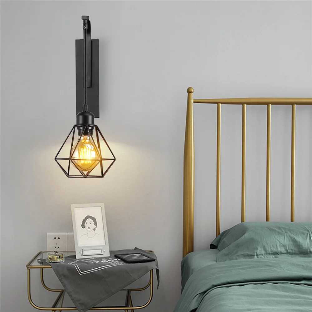 Modern Iron Wood Wall Lamp E27 Nordic Indoor Suspension Wall Light for Bedside Bedroom Living Room Restaurant Bar Lighting Sconc