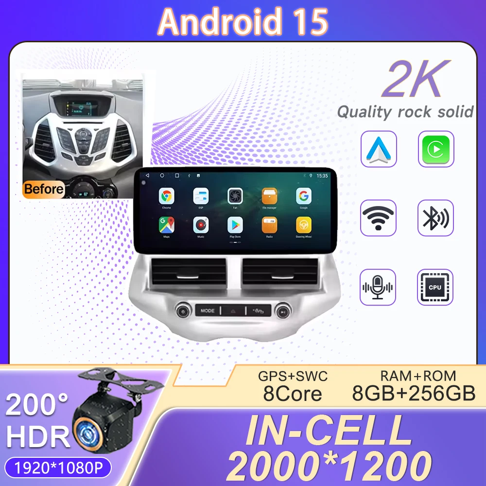 Carplay NO 2DIN Screen Android 15 For Ford EcoSport 2013 -2018 Multimedia Car Player GPS Auto Radio Stereo Unit Navigation DVD