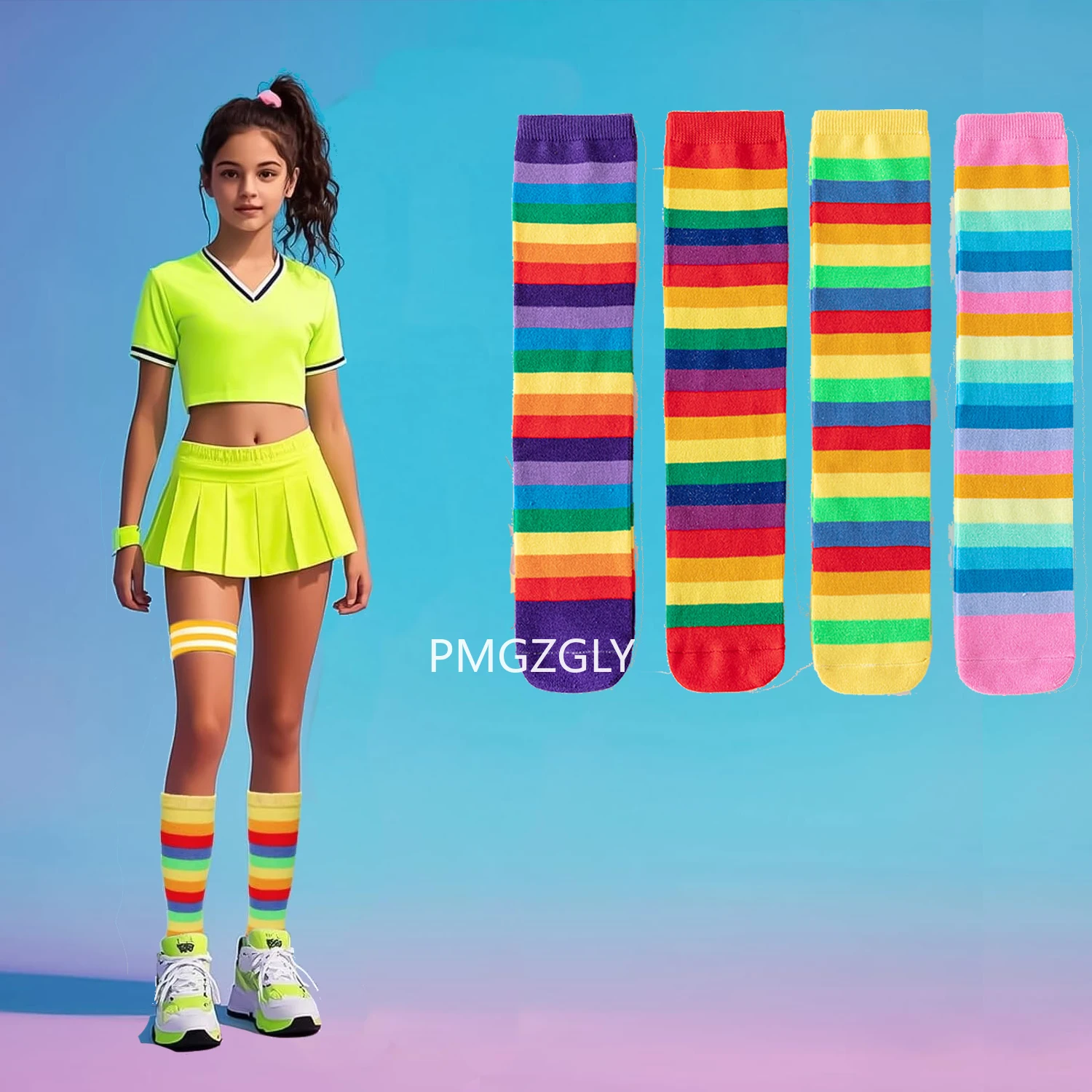 Girl Rainbow Striped Knee Calf Socks Colorful Striped Long Tube Stockings Knee Calf High Socks for Women Girls