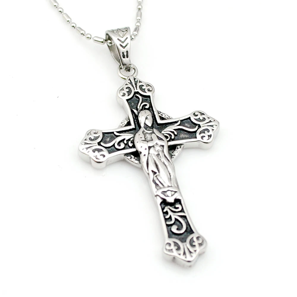 Cool Stainless Steel Jewelry Cross Virgiin Mary Pendant Necklace For Men Women 2024 New Gift