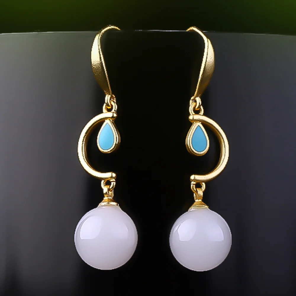 

Natural Xinjiang Hetian Gold Silk Jade Round Bead Earrings Four Leaf Clover Style Fashionable Exquisite Jewelry Accessories