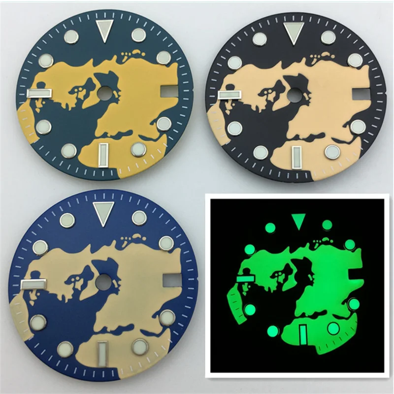 

BLIGER New 29mm dial Yellow Blue Black Dial Green Luminous Fit NH34 NH34A movement, 3 o 'clock, 3.8 Crown