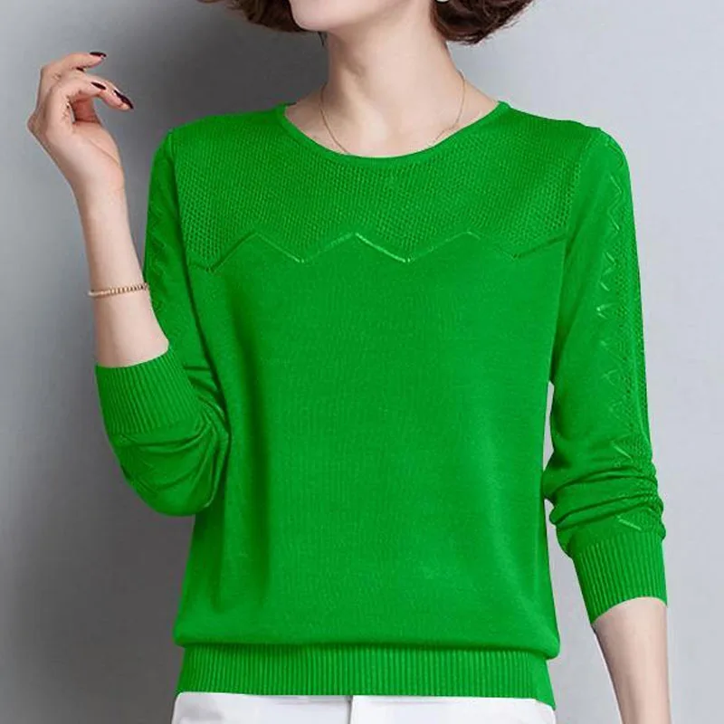 Women\'s Clothing Hollow Out Round Neck Casual T-shirt 2023 Spring Summer All-match Fashion Solid Color Knitted Pullovers Tops