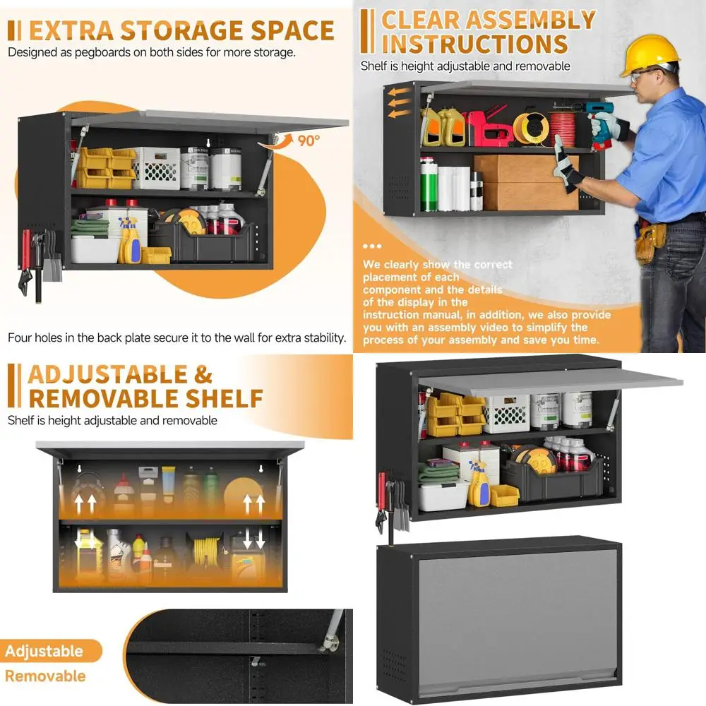 

Wall-Mounted Garage Storage Cabinet with Pegboard, Adjustable Shelves, Up-lip Door, Suitable for Kitchen, Garage, Workshop (19.7
