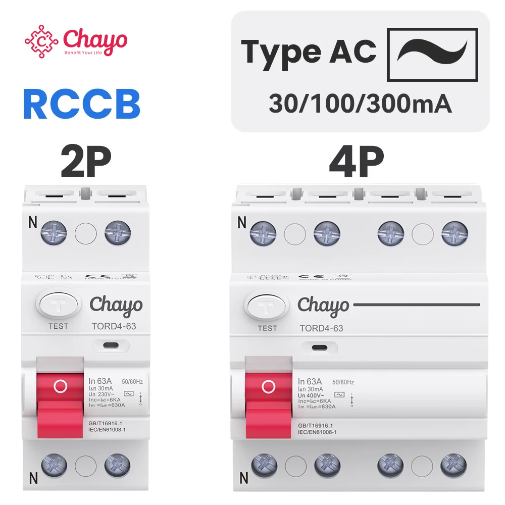 Chayo Type AC RCCB RCD 6kA 2P 4P 16A 25A 32A 63A 10mA 30mA 100mA 300mA Earth Leakage Residual Current Circuit Breaker