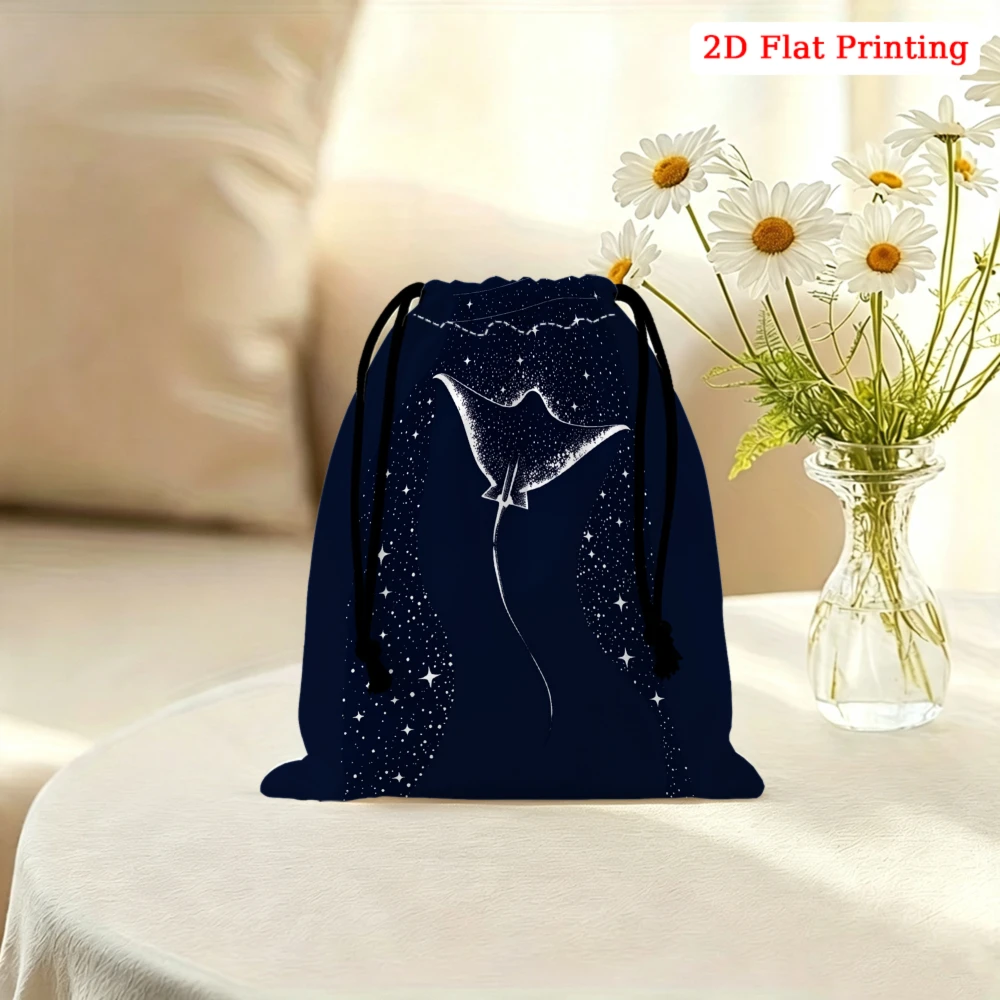 1Pc Navy Blue Drawstring Bag Starry Sky Manta Ray Print Storage Small Pouch For Glasses Cosmetics Jewelry Travel Organizer Porta