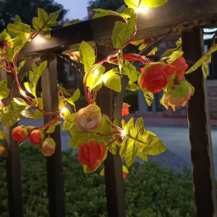 Solar Wisteria Artificial Flower Silk Vine with Led Light Rose Fower Garland Lamp for Wedding Party Garden Home Wall Decoration