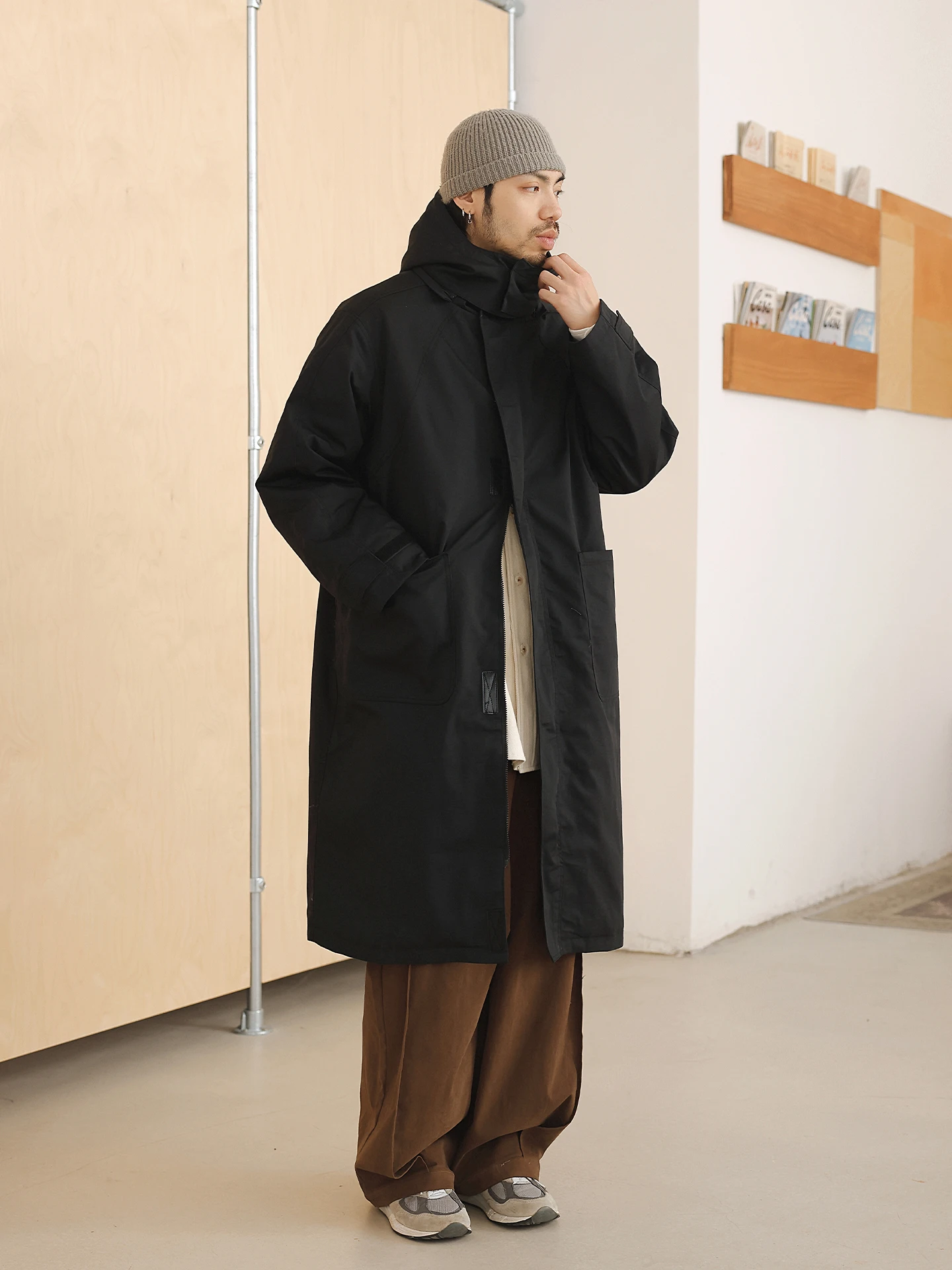 

Noears Bla Spring Early Long Over-Knee Loose Cotton Windbreaker Anti-Wind Waist-Cinching Workwear Jaet with Hood