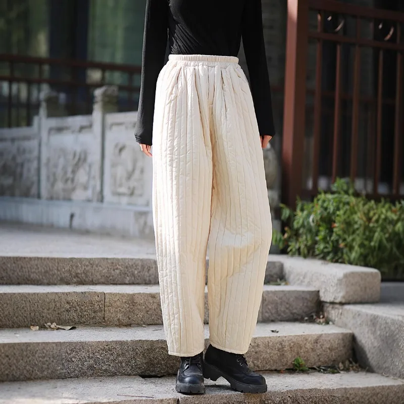 

Autumn Winter Vintage Loose Women's Pencil Pants Cotton Quilted Elastic Waistband High Waist Casual Quilted Lining Long Pants
