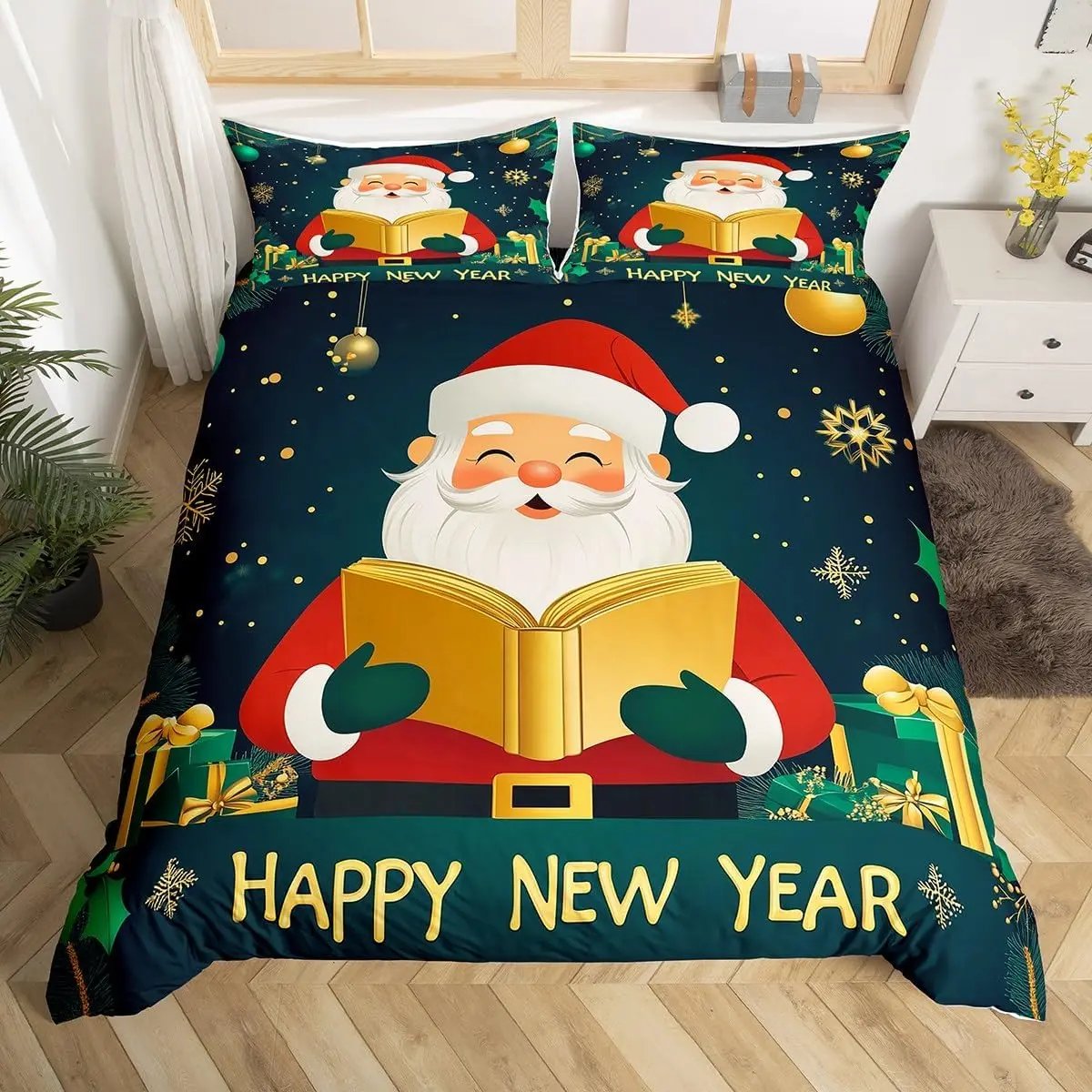 Santa Claus Twin Queen Duvet Cover, Merry Christmas Bedding Set for Child Teens Room,Cartoon Comforter Cover, Xmas Decor Bed Set
