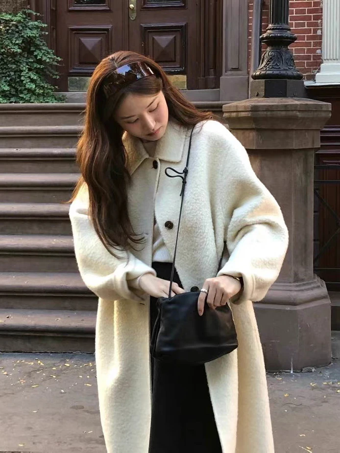 

Женское шерстяное пальто Ounce Su Li, свободного кроя, на одной пуговице, длинное, средней длины, однотонное, с отложным воротником, осенне-зимняя верхняя одежда