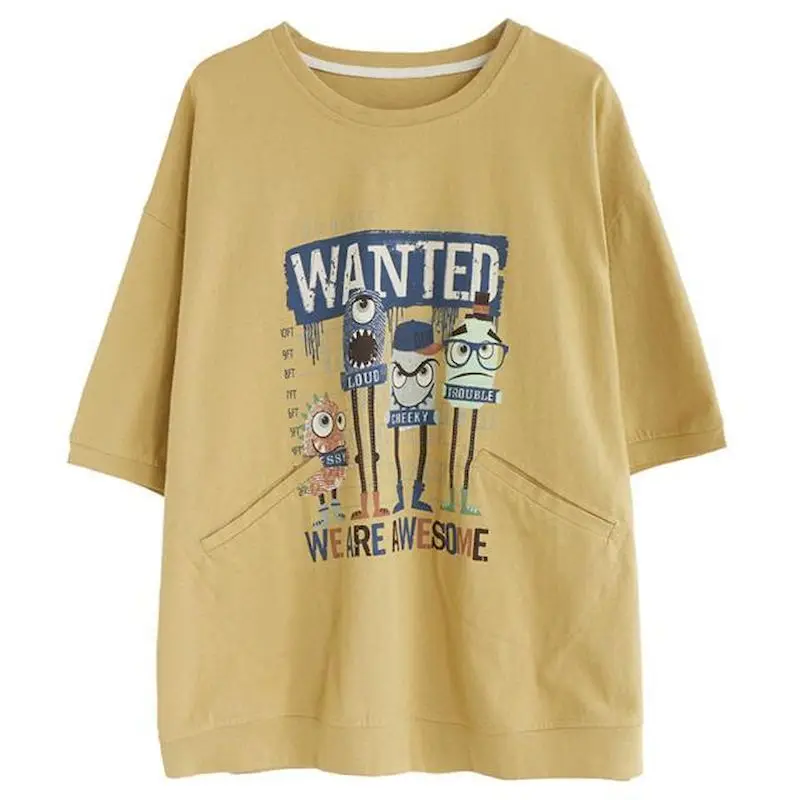

Cotton T-shirts for Women Summer Trend Thin Short Sleeved Tops Fashion Cartoon Print O-neck Tshirt Loose Casual Big Pocket Tees